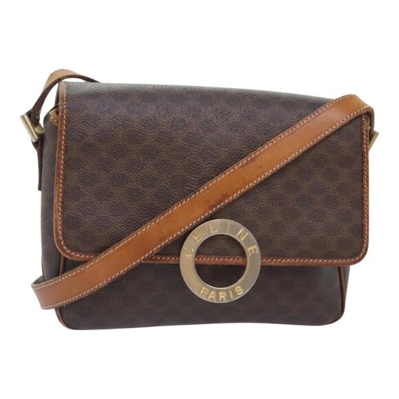 CELINE Macadam Canvas Shoulder Bag PVC Leather Brown Gold Auth 93829 - Picture 1 of 14